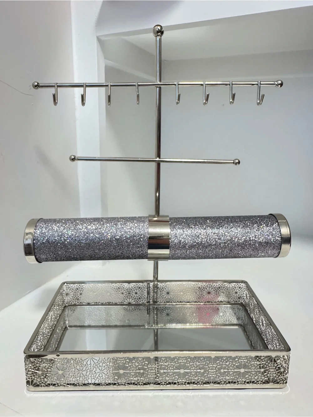 Christian Siriano Silver Glitter Jewelry Stand with Mirrored Tray